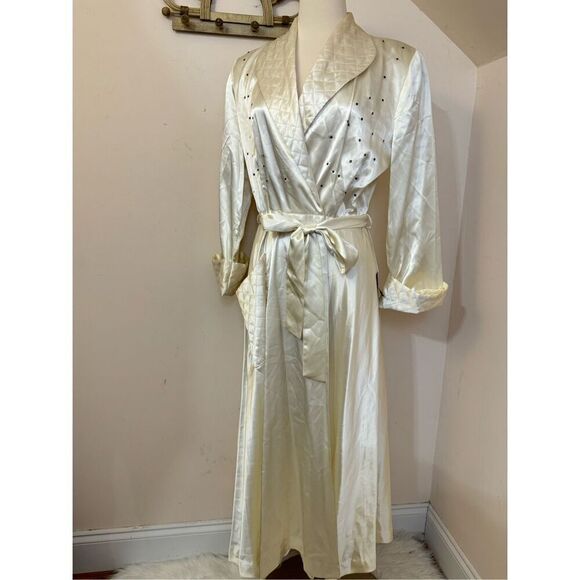 Vintage 60s Montgomery Ward Cream Satin Dressing Gown Robe 16 - Picture 1 of 12